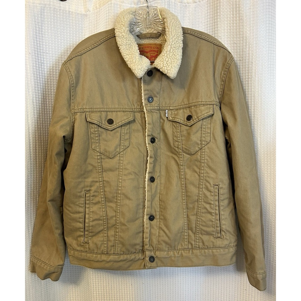 Levis Mens Sherpa Lined Trucker Jacket Khaki Tan Classic Large